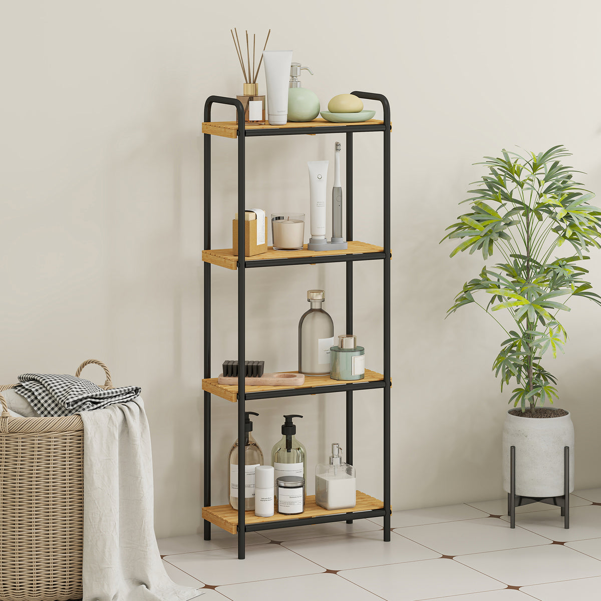 Estante de Casa de Banho de Bambu de 3 Níveis Estante de Armazenamento com 3 Prateleiras Abertas Desenho de Ripas e Estrutura de Aço para Cozinha Casa de Banho 41,5x21,5x106 cm Madeira e Preto — foto 2