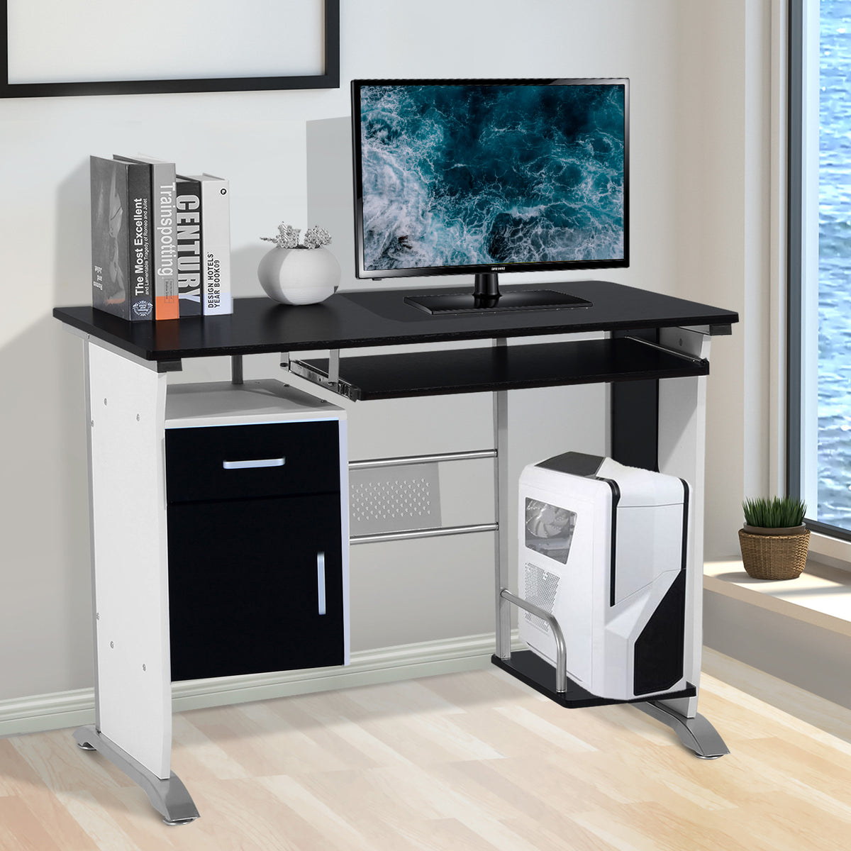 Mesa para Computador com Gaveta Armário e Suporte para CPU Secretária para Escritório Estúdio Dormitório 100x52x75cm Preto e Branco — foto 2