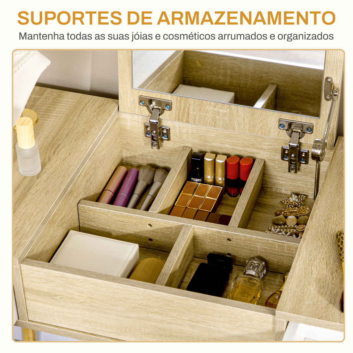 Toucador com Espelho Dobrável Mesa de Maquilhagem com Banco Compartimentos e Gavetas 100x45x118cm Madeira e Branco — foto 5