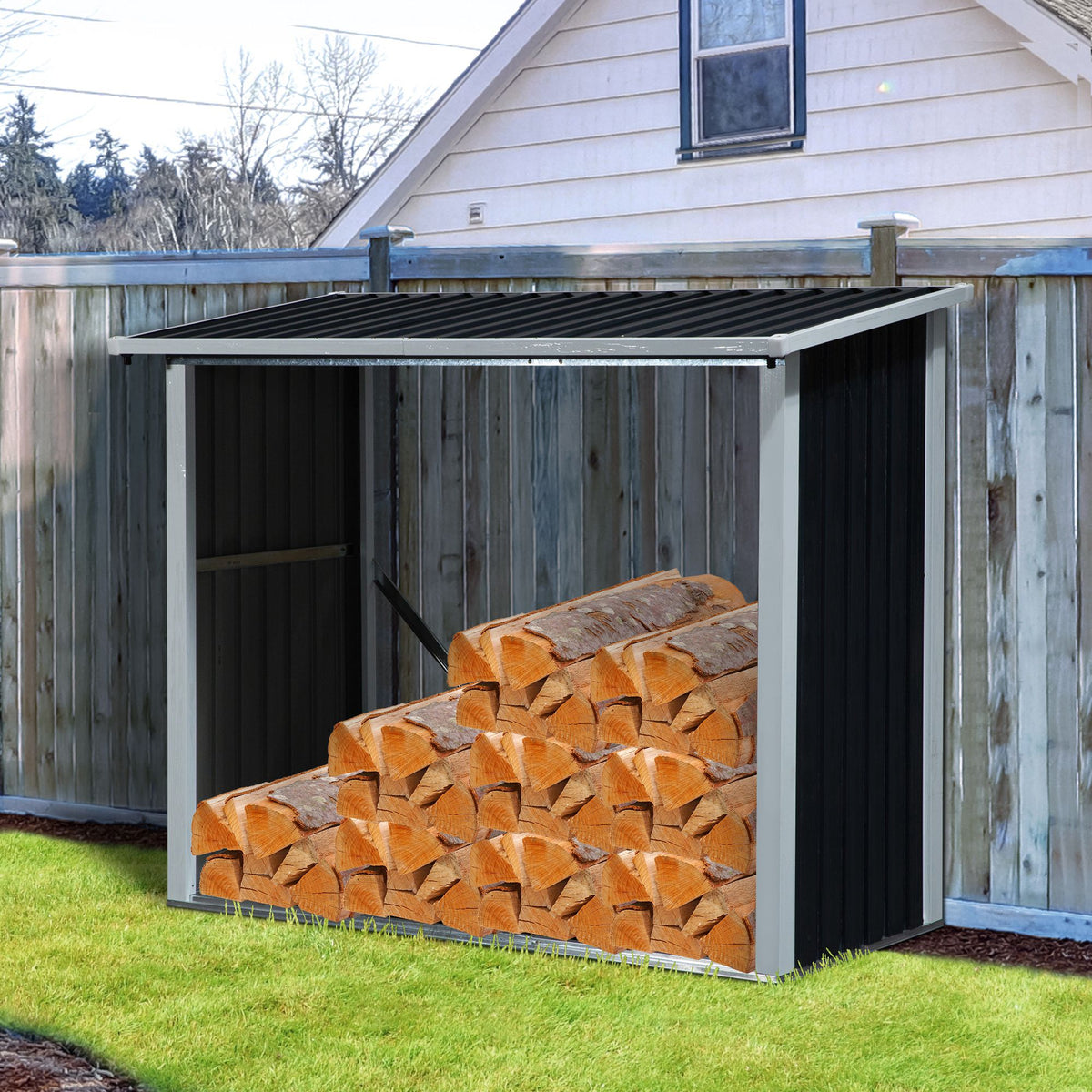 Abrigo para Lenha de Aço Galvanizado Abrigo de Armazenamento de Lenhas com Teto Inclinado para Jardim Terraço Exterior 182x89x 136/148cm Cinza — foto 2