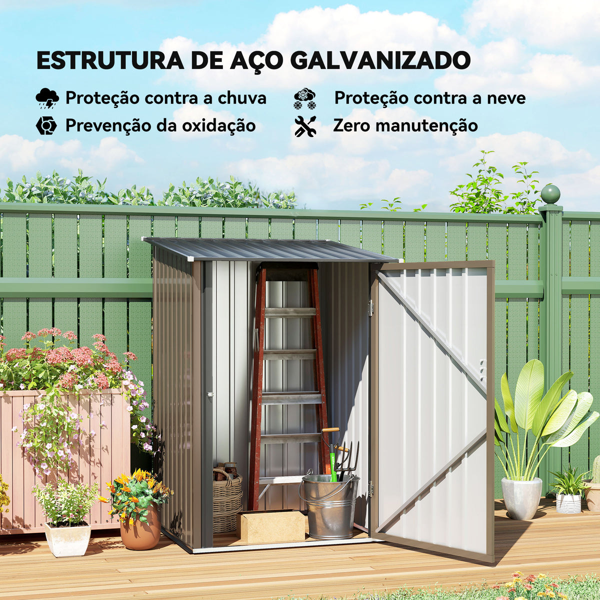 Abrigo de Jardim 0,92 m² 100x103x160 cm Abrigo Exterior de Aço Galvanizado com Porta Fechadura e Teto Inclinado para Armazenamento de Ferramentas Marrom — foto 4