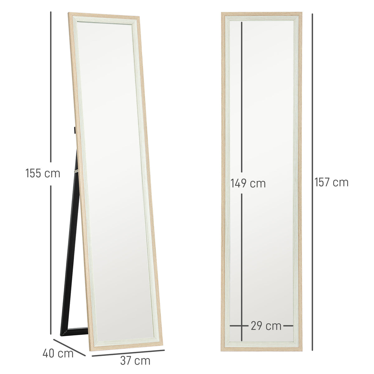 Espelho de Pé 37x157 cm Espelho de Corpo Inteiro com Estrutura de MDF e Suporte para Sala de Estar Dormitório Branco e Madeira Clara — foto 3