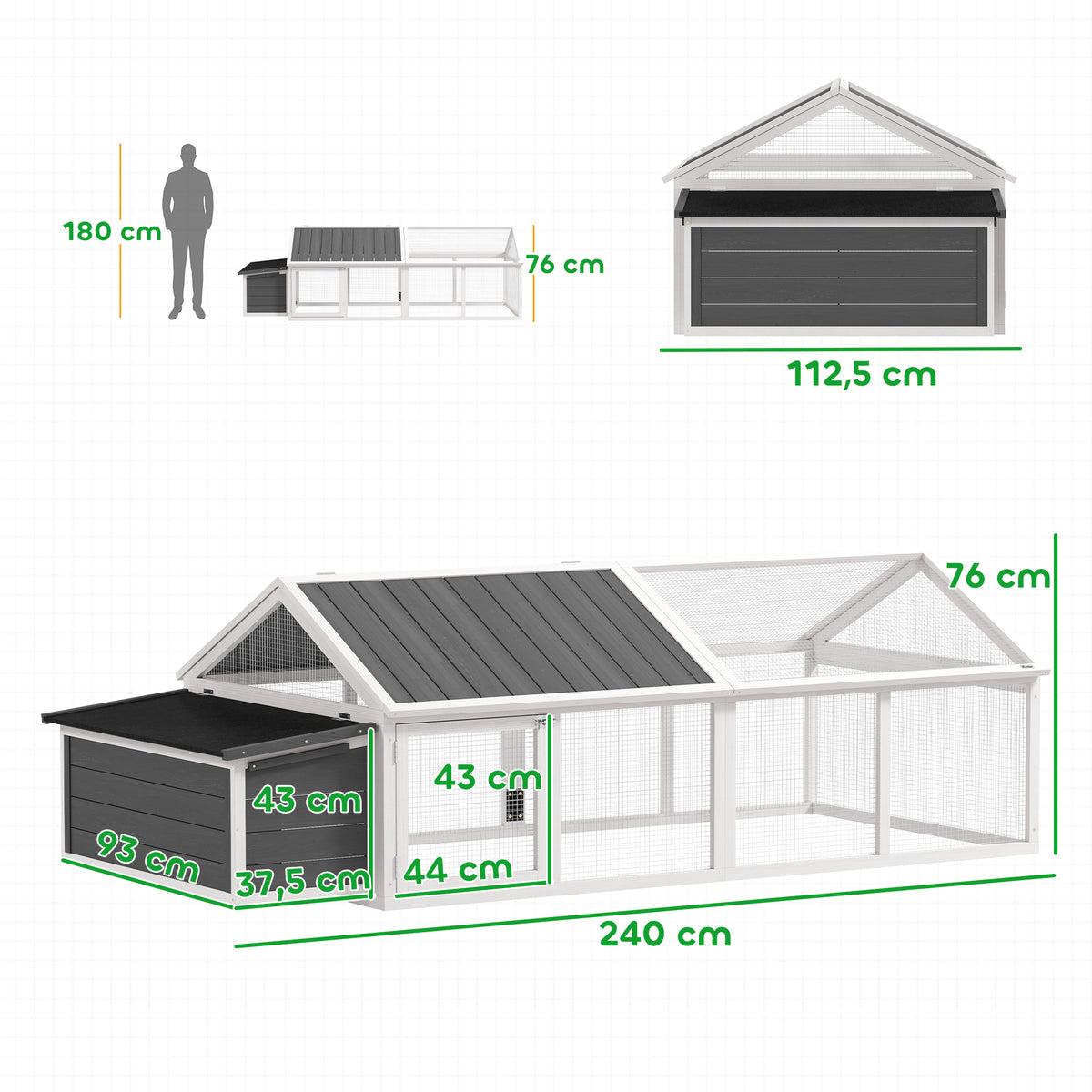 Galinheiro de Madeira Galinheiro de Exterior Espaçoso de 2 Andares para 4-8 Galinhas com Teto Abatível Cercado Portas com Fechadura e Caixa Ninho 240x112,5x76 cm branco e Cinza — foto 3