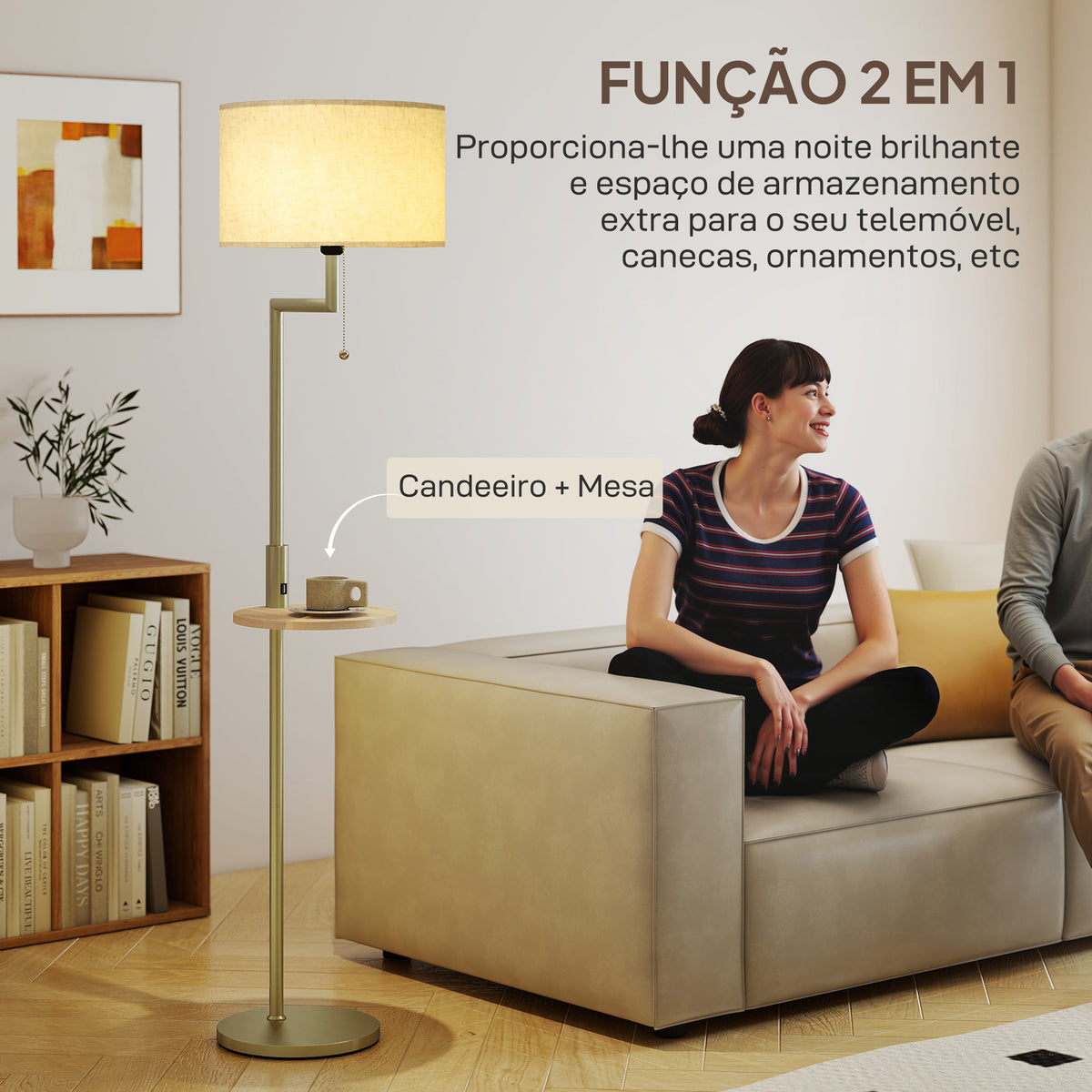 Candeeiro de Pé com Mesa Auxiliar Candeeiro com Prateleira Lâmpada E27 Máx. 40W com Ecrã de Linho Interruptor de Corrente e Carregador USB para Sala de Estar Ø40x170 cm Dourado — foto 6