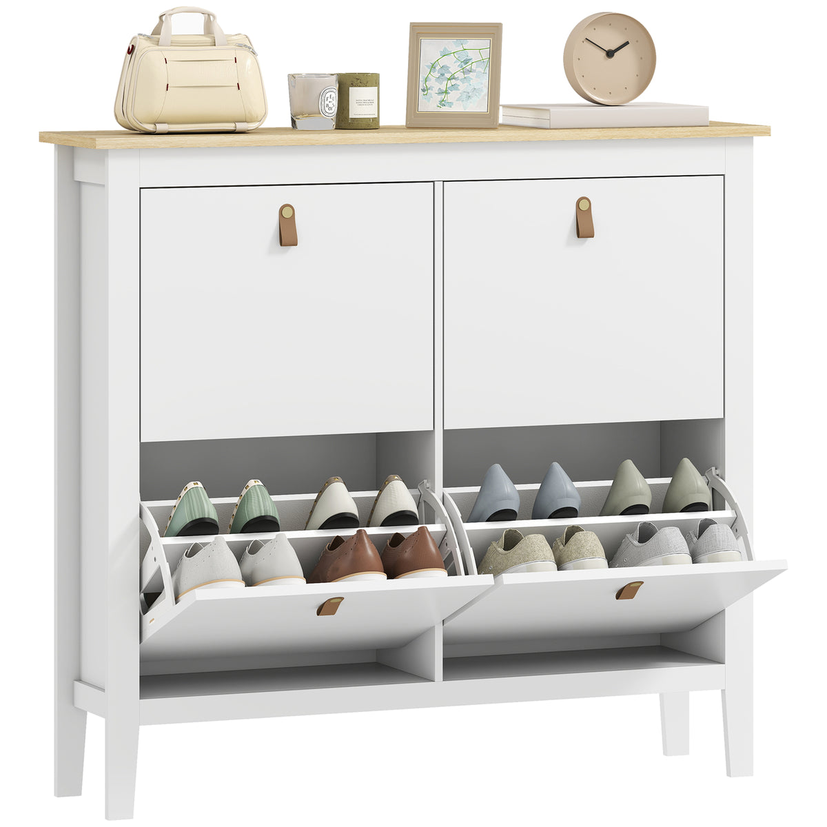 Sapateira Estreita Móvel Sapateira para Entrada com 4 Gavetas Abatíveis Prateleiras Ajustáveis e Puxadores em PU para 20 Pares de Sapatos para Corredor 105x24x95,5 cm Branco — foto 1