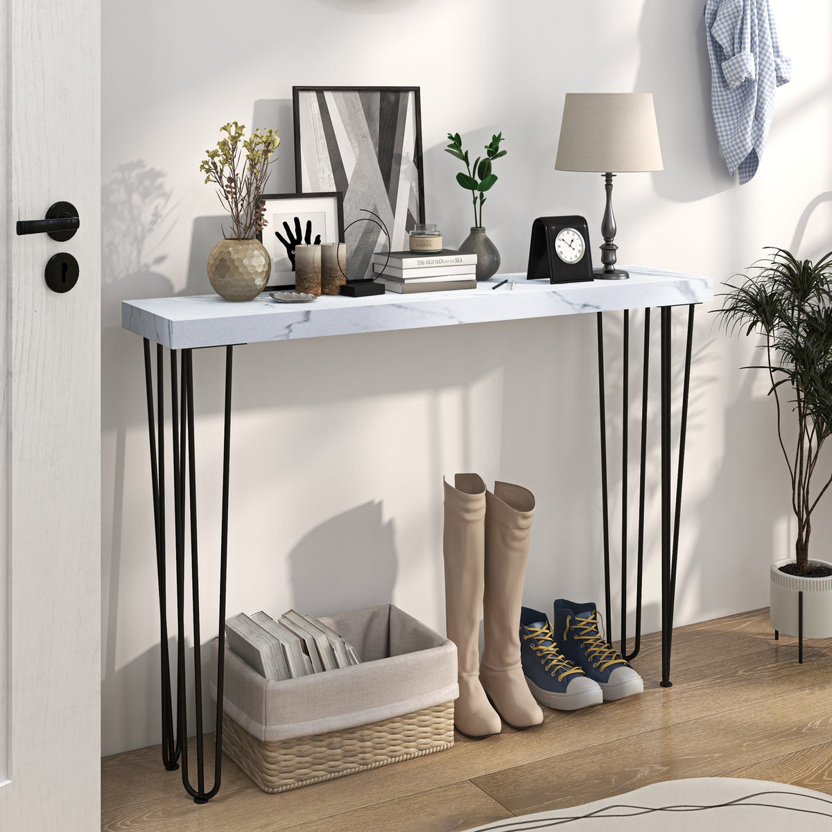 Mesa Consola Moderna Mesa de Entrada com Patas de Aço Anti-Tombo Móvel de Entrada para Sala de Estar Corredor 110x25x79,5 cm Branco — foto 2