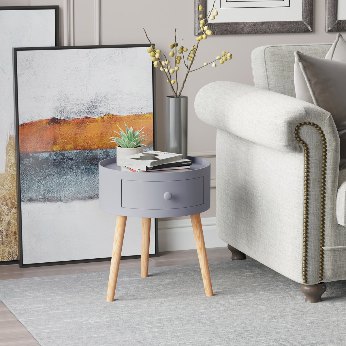 Mesa de Cabeceira com 1 Gaveta Mesa Auxiliar Redonda com Borda Elevada e 3 Pés de Madeira para Dormitório Sala de Estar Estilo Moderno Ø38x45 cm Cinza — foto 2
