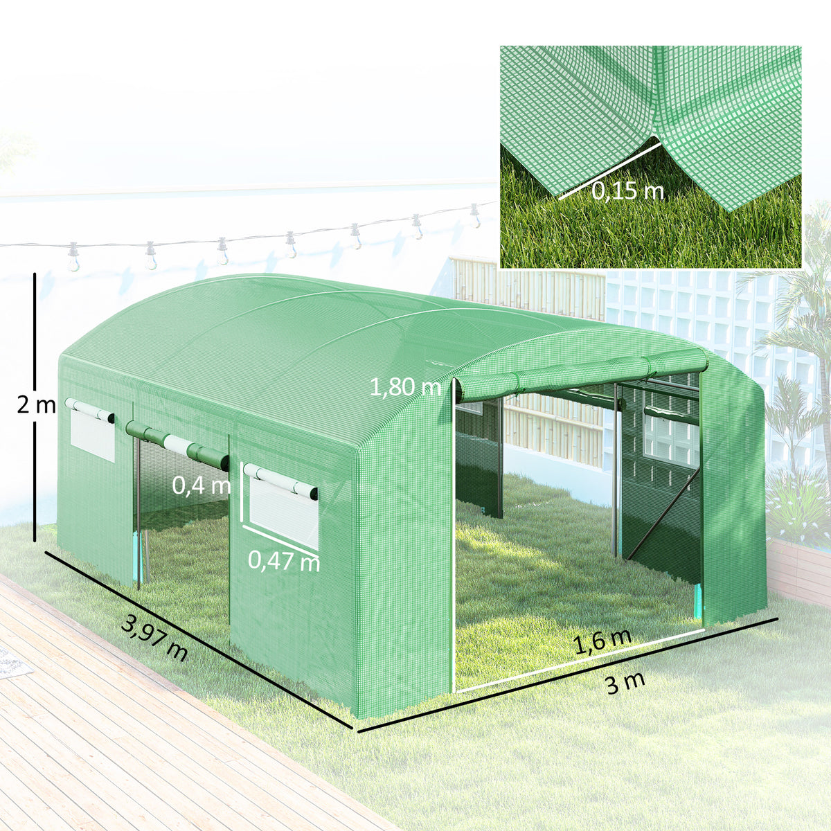 Estufa tipo Túnel 397x300x200 cm Estufa de Exterior com 4 Janelas de Malha Cobertura de PE Anti UV e 3 Portas Enroláveis com Fecho de Correr Estufa para Jardim Pátio Verde — foto 3