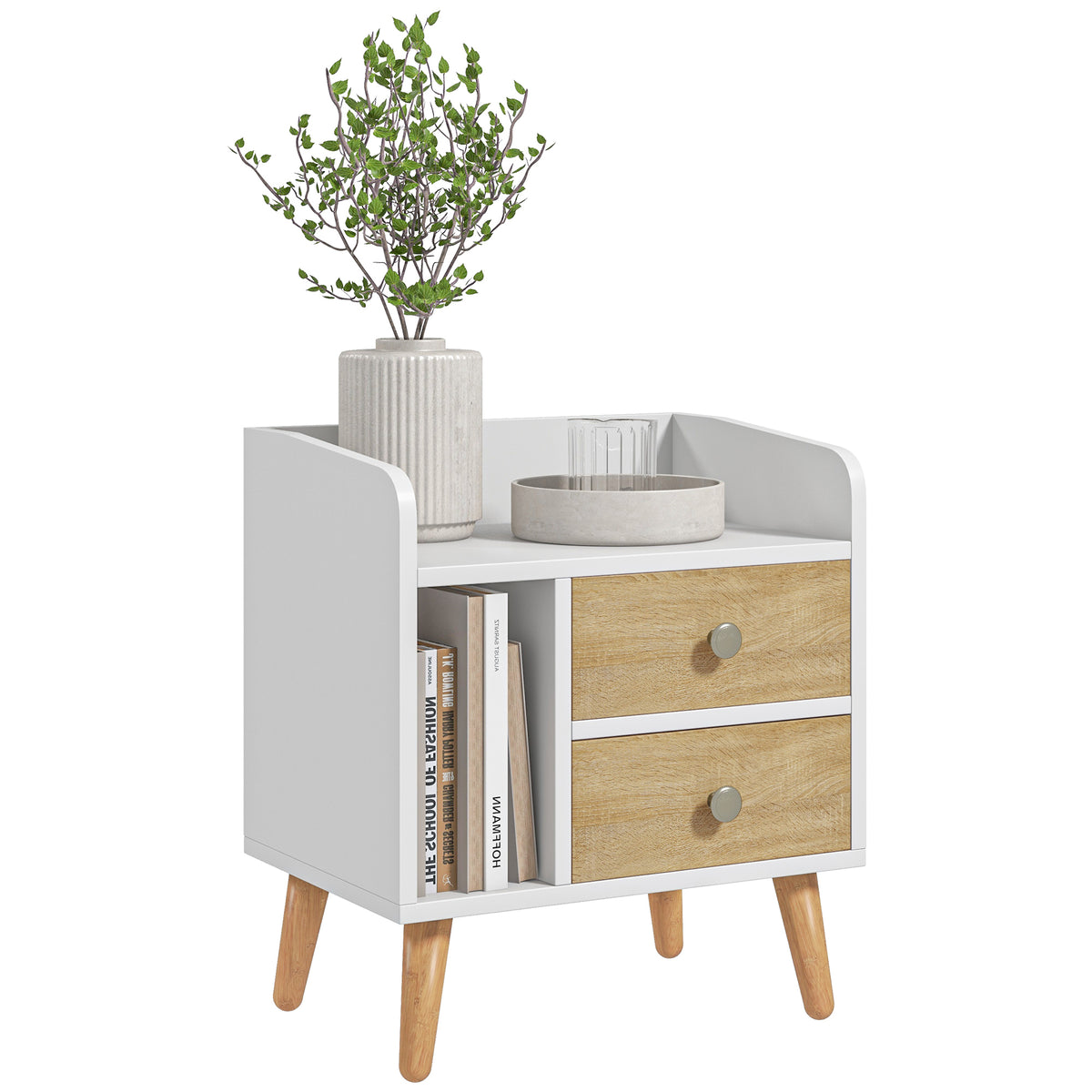 Mesa de Cabeceira Mesa de Cabeceira com 2 Gavetas Grandes 1 Prateleira Aberta e Pés Elevados Estilo Nórdico para Sala de Estar Dormitório 43x30x49 cm Branco e Madeira — foto 1