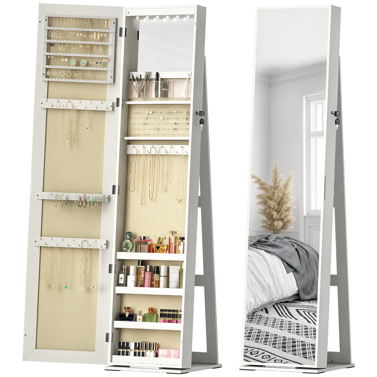 Joalheiro de Pé Armário para Joias com 6 Luzes LED Fechadura Organizador de Joias com Prateleiras Suportes para Anéis 38x38x157cm Branco e Bege — foto 1