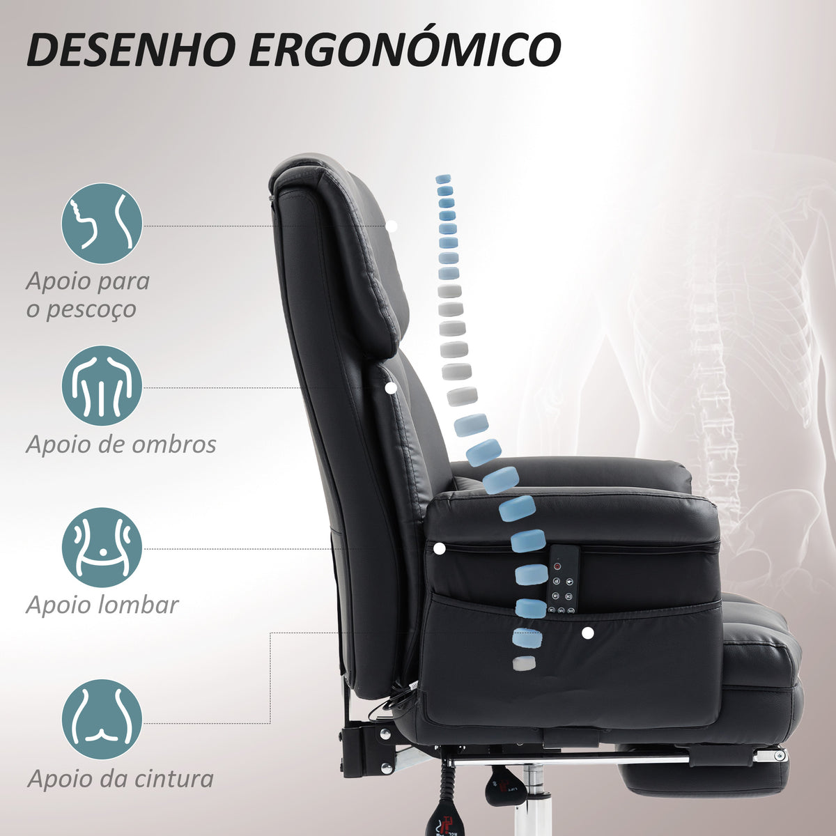 Cadeira de Massagem com 6 Pontos de Massagem Cadeira de Escritório com Apoio para os Pés Retrátil Altura Ajustável Controlo Remoto e Suporte Lombar Estofado em PU 69x65x107-115 cm Preto — foto 5