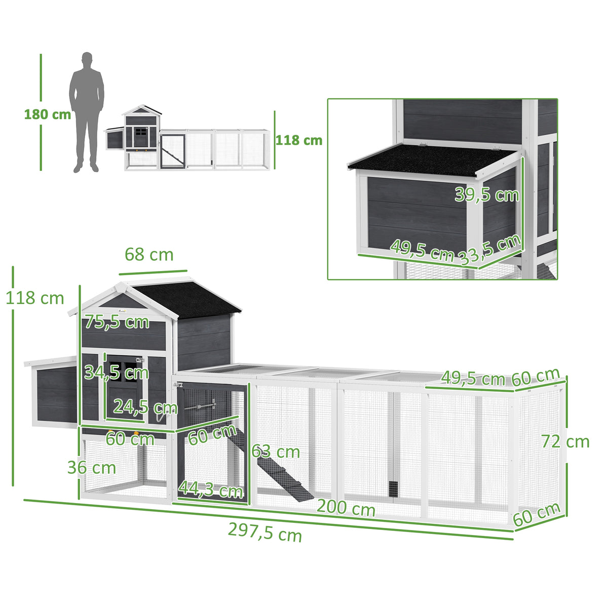 Galinheiro de Madeira 297,5x68x118cm Galinheiro Grande para 3-6 Galinhas com Teto Asfáltico Cercado de Metal Porta com Trava Caixa Ninho Bandeja Amovível e Rampa Branco e Cinza — foto 3
