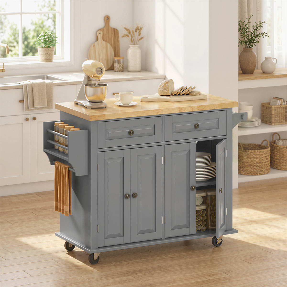 Ilha de Cozinha com Rodas Móvel Auxiliar de Cozinha com 2 Gavetas 4 Portas Suporte para Temperos e Barra Lateral 111x44,5x82,5 cm Cinzento e Madeira — foto 2