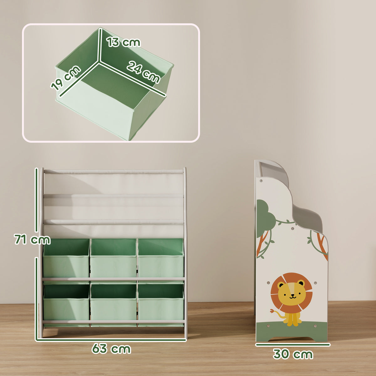 Estante Infantil para Brinquedos com 6 Caixas de Tecido Não Tecido Organizador de Brinquedos com 2 Prateleiras para Quarto Infantil Sala de Brincar Escola Infantil 63x30x71 cm Verde — foto 3