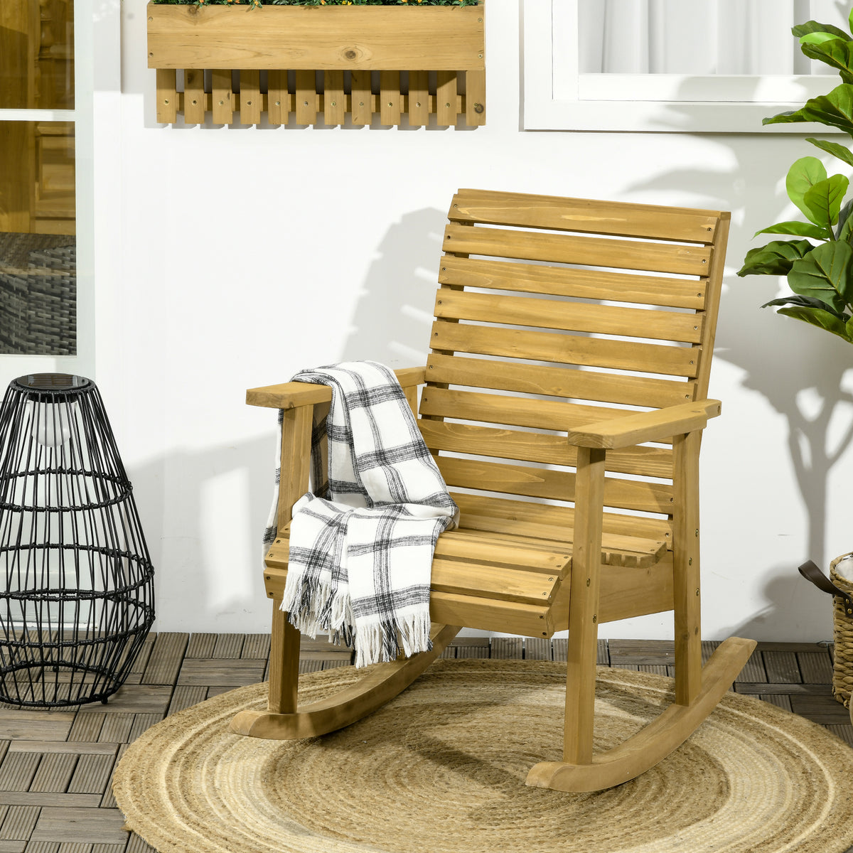 Cadeira de Baloiço de Madeira Baloiço com Apoios para os Braços e Desenho de Ripas Suporta até 130 kg para Jardim Varanda Alpendre Pátio 86x64x85 cm Madeira — foto 2