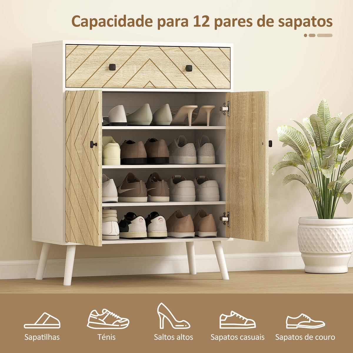 Sapateira de 2 Portas com Design em Espiga Sapateira para Entrada com Prateleiras Ajustáveis Gaveta para 12 Pares de Sapatos 75x35x97 cm Branco e Madeira — foto 4