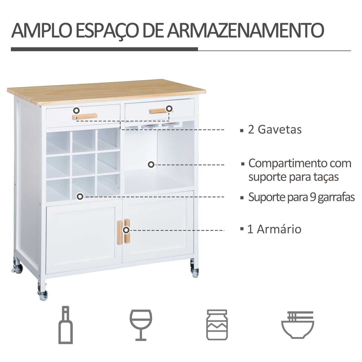 Carrinho de Cozinha Auxiliar com Rodas Carrinho de Cozinha com 2 Gavetas Suporte para 9 Garrafas Suporte para Taças Prateleira Aberta e Armário 76x40x88cm Branco — foto 4