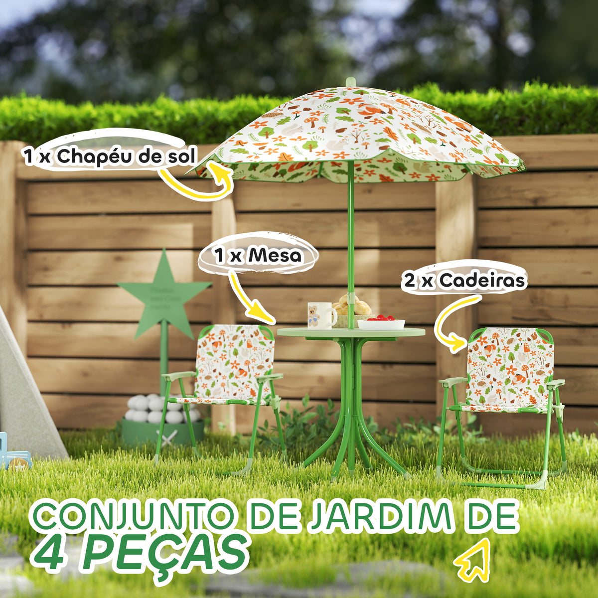 Conjunto de Mesa e Cadeiras para Crianças de Jardim Mesa Infantil com Cadeiras Dobráveis Chapéu de Sol Ajustável e Desenho de Raposas para Pátio Piquenique Verde — foto 4