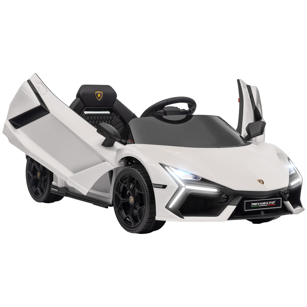 Carro Elétrico para Crianças acima de 3 Anos Carro Lamborghini Revuelto Carro Elétrico para Crianças com Bateria 12V Controlo Remoto Faróis LED Buzina Música e Rodas Auxiliares 105x60x40 cm Branco — foto 1