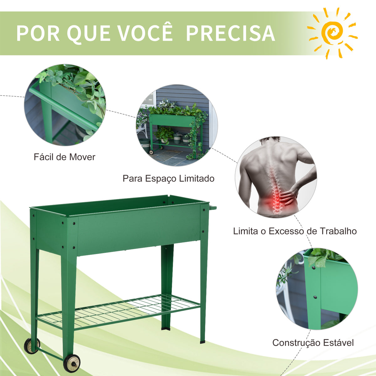 Horta Vertical Elevada de Metal Horta Vertical com Rodas Alça Lateral e Prateleira Inferior para Cultivo de Plantas Flores 104x39x80cm Verde — foto 5