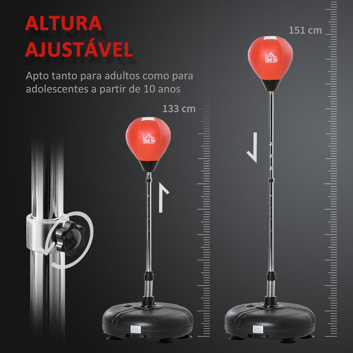 Saco de Boxe de Pé com Altura Ajustável de 4 Níveis Punching Ball com Base Preenchida Luvas e Inflador para Adultos e Adolescentes Ø45x132-158cm Preto e Vermelho — foto 4