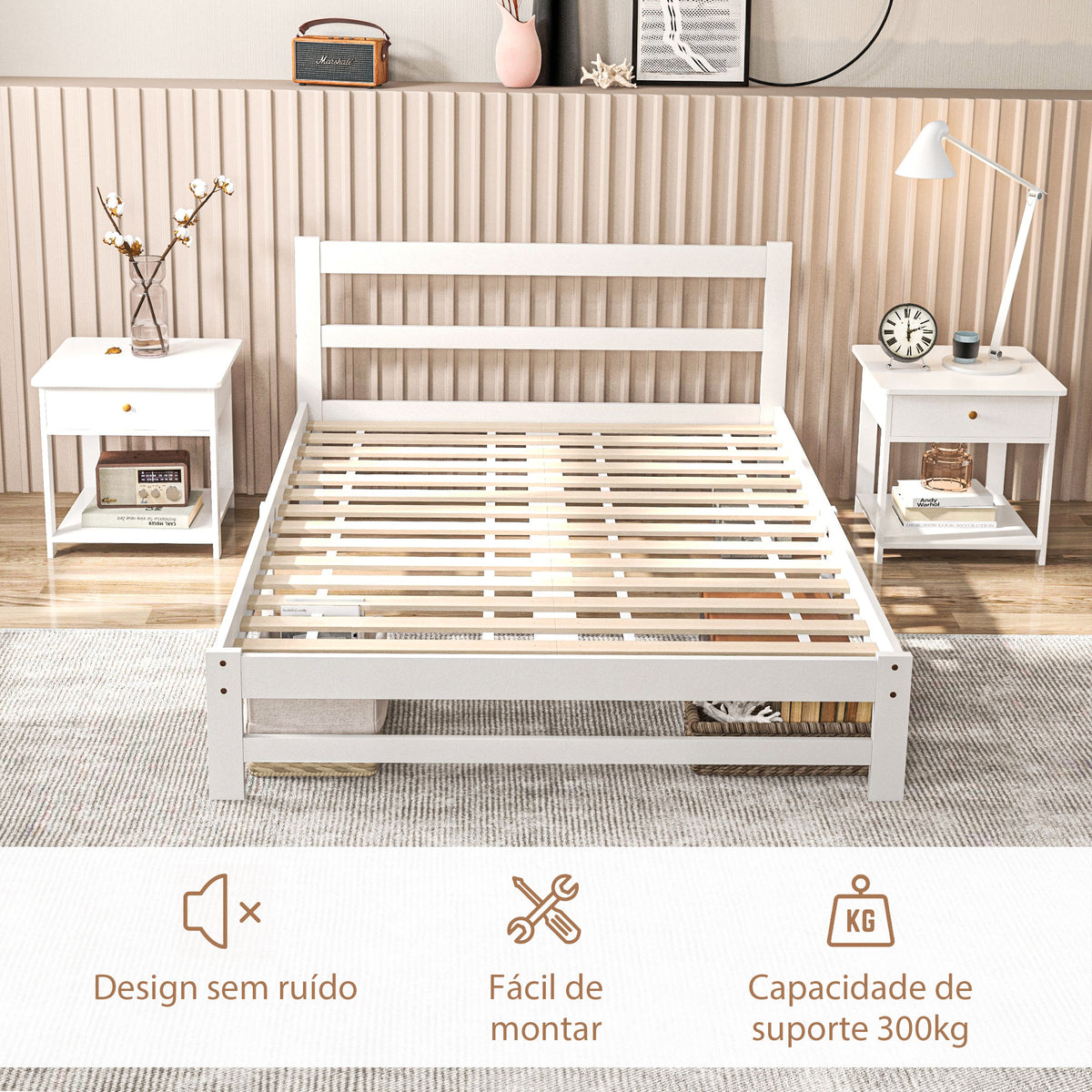 Estrutura de Cama de Madeira Estrado de Cama de Casal para Colchão 190x135 cm Carga 300 kg 195x141x80 cm Branco — foto 5