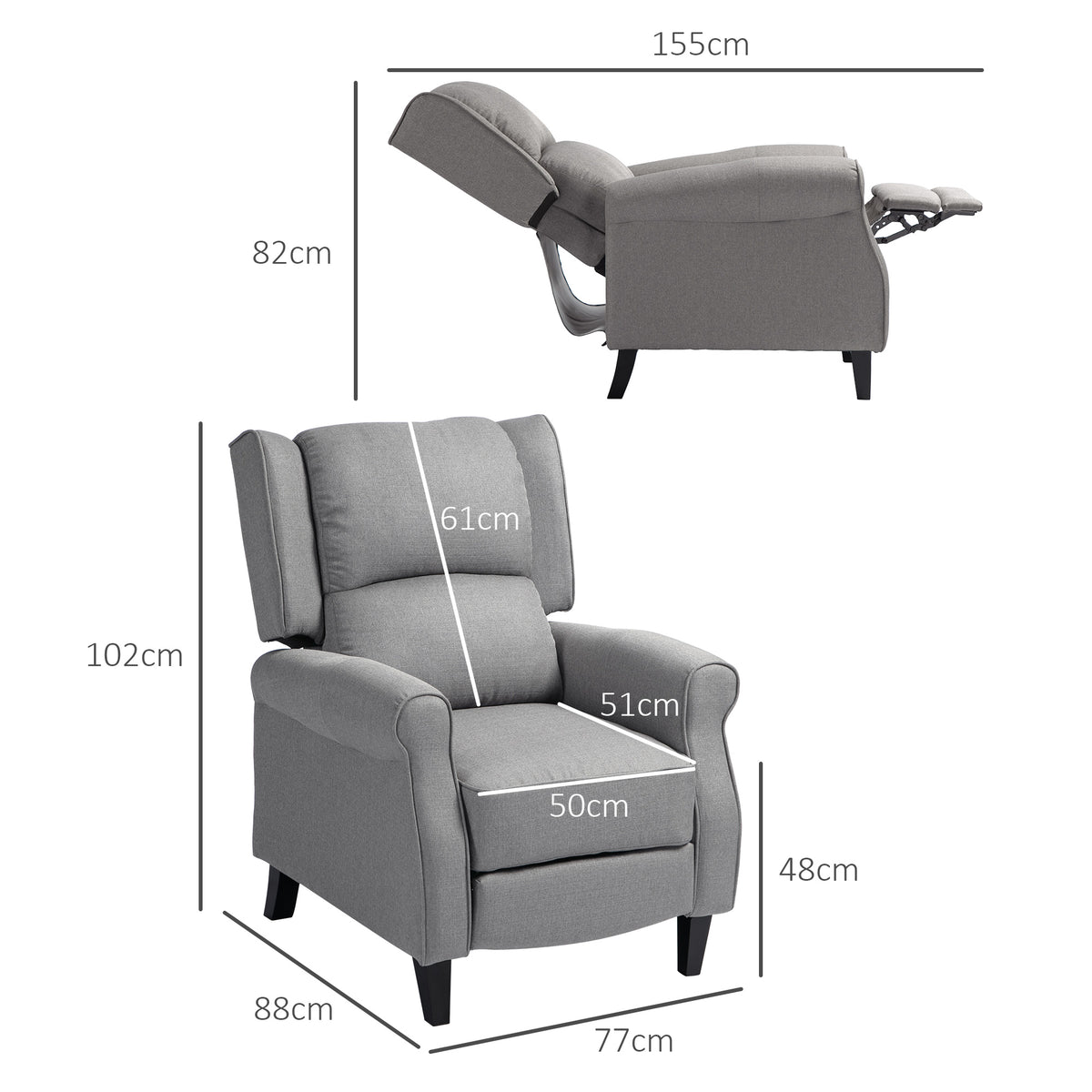 HOMOM Poltrona Reclinável Poltrona Relax com Reclinação Manual até 160° e Apoio para os Pés Retráteis Poltrona Sala de Estar 77x88x102 cm Cinza — foto 3