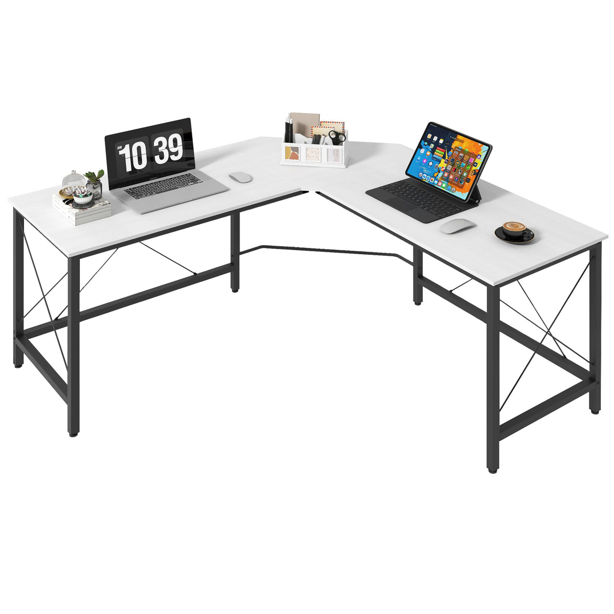 Secretária em Forma de L Secretária para Escritório com Estrutura de Metal Carga 70 kg Secretária de Canto para Escritório Estúdio 150x150x76 cm Branco e Preto — foto 1