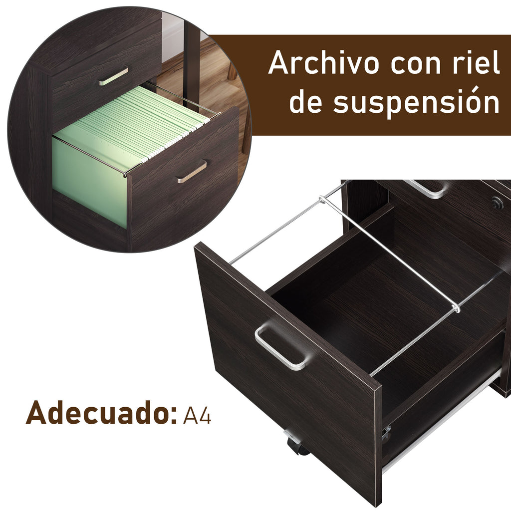 Bloco de Gavetas para Escritório Móvel de Arquivos com 2 Gavetas 5 Rodas com Travões e Fechadura com 2 Chaves para Escritório Secretária Casa 40x45x55,6cm Wengué — foto 7
