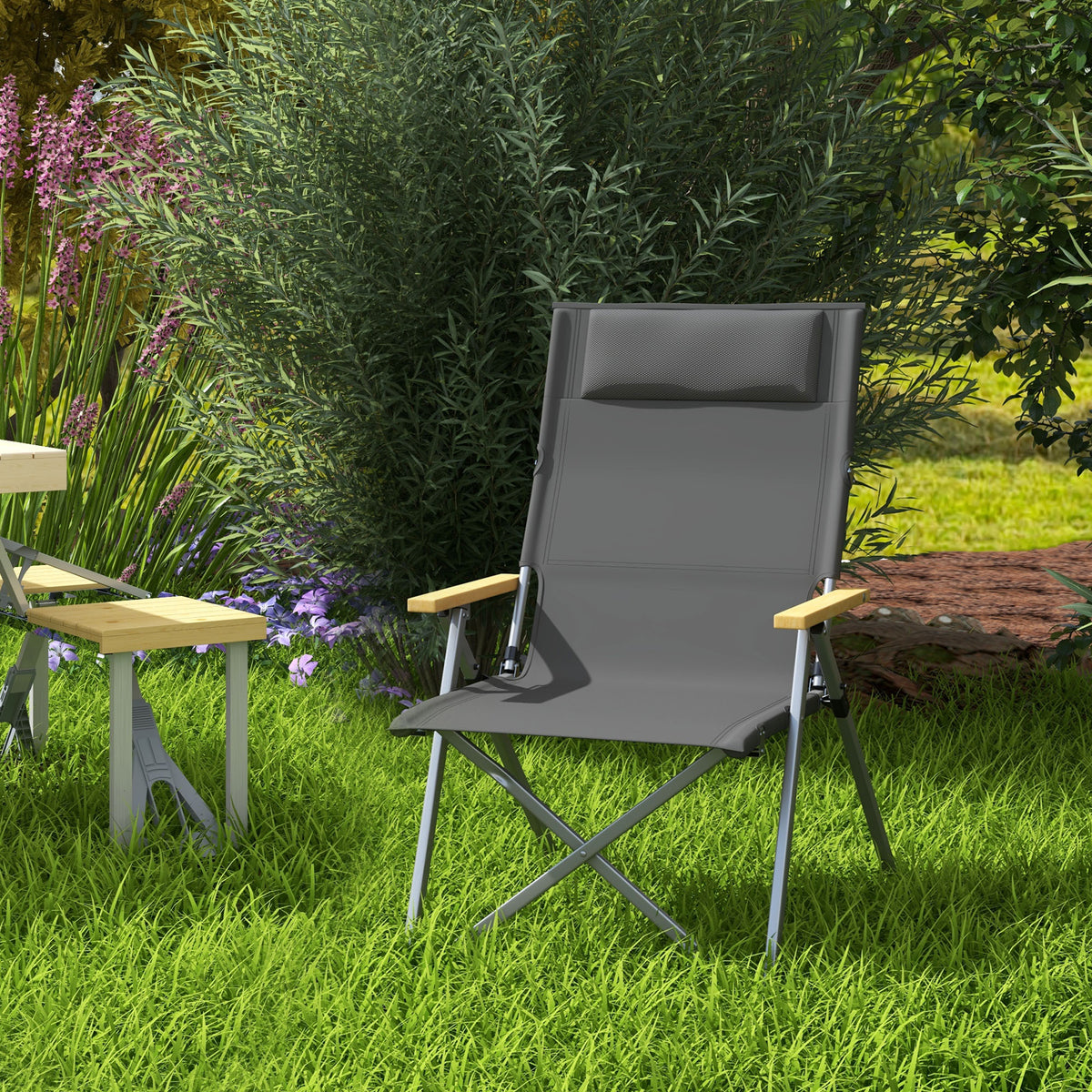 Cadeira de Campismo Dobrável de Alumínio com Encosto Ajustável e Apoios de Braço de Madeira Cadeira de Jardim Portátil com Bolsa de Transporte para Piscina Praia 74x59,5x98 cm Cinza — foto 2