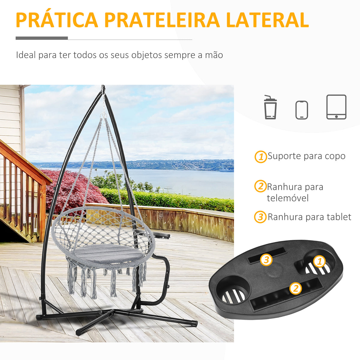 Suporte para cadeira suspensa Suporte giratório de 190 cm com mesa lateral carga máx.120kg Estrutura metálica para jardim de pátio preto — foto 5