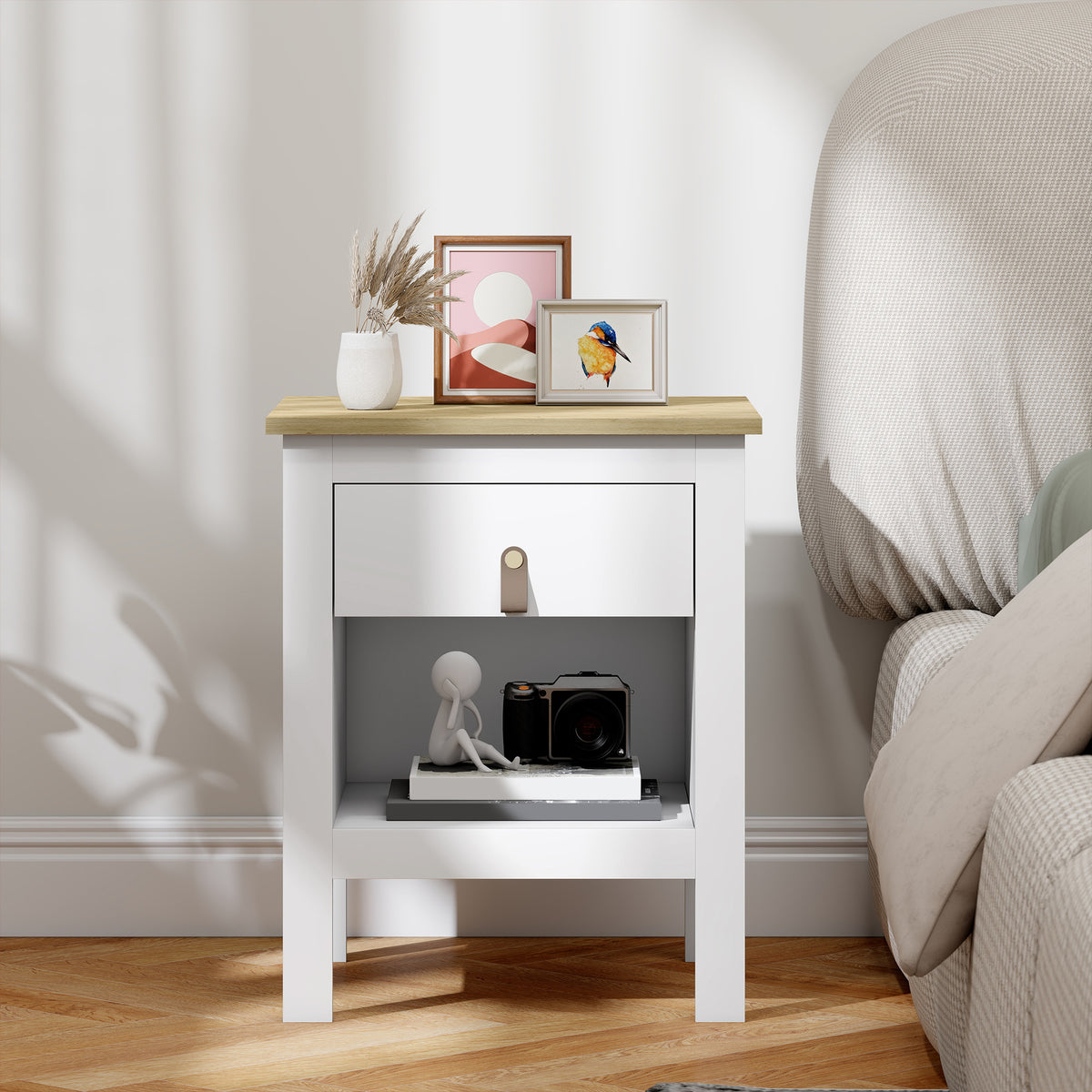 Mesa de Cabeceira Moderna Mesa de Cabeceira com 1 Gaveta Compartimento Aberto Puxador de PU Mesa Auxiliar para Sala ou Quarto 45x40x55 cm Branco — foto 6