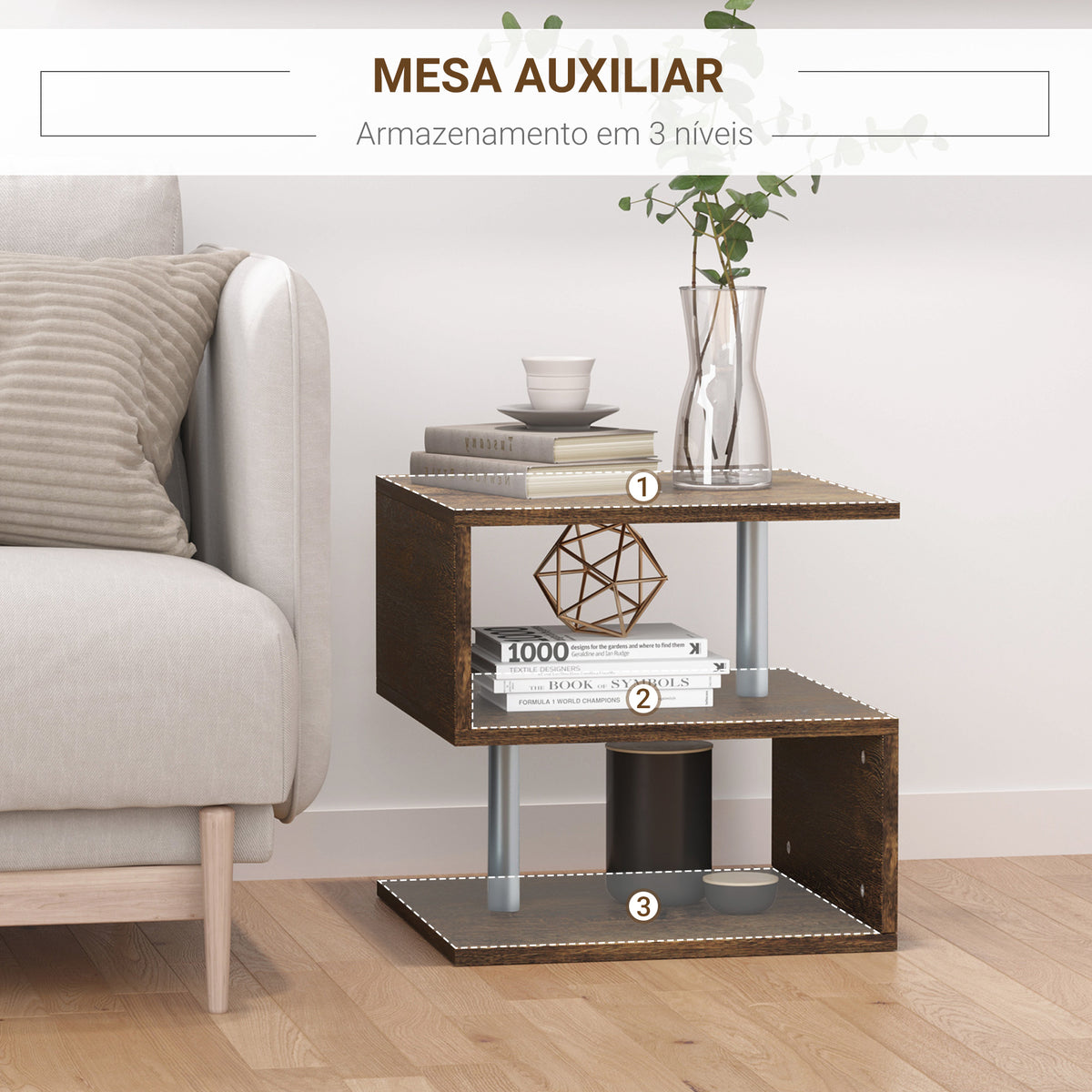 Mesa de apoio para sofá Mesa de centro para sala de estar Mesa de apoio estilo industrial em S com prateleiras em 3 níveis 48x48x48 cm Cor Madeira envelhecida — foto 5