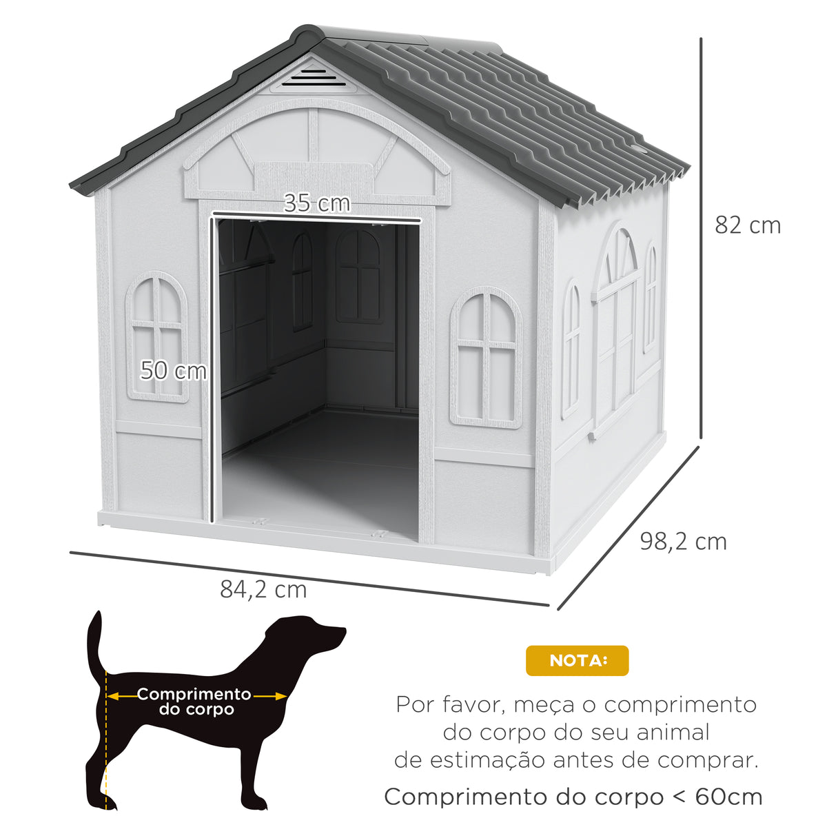 Casa para Cães 84,2x98,2x82 cm Casa para Cães com Janelas e Teto com Imitação de Telhas Casota para Cães Cinza — foto 3
