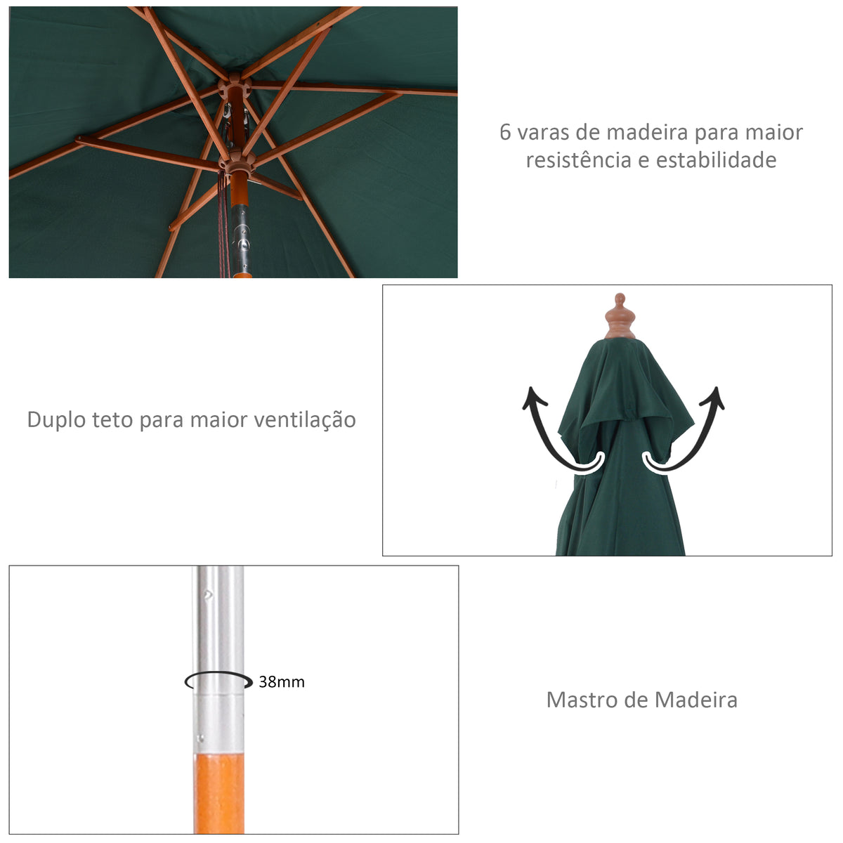 Chapéu de Sol de Jardim 200x150x230cm Chapéu de Sol Retangular Inclinável com Polia Duplo Teto e Mastro Desmontável de Madeira para Terraço Pátio Verde — foto 5