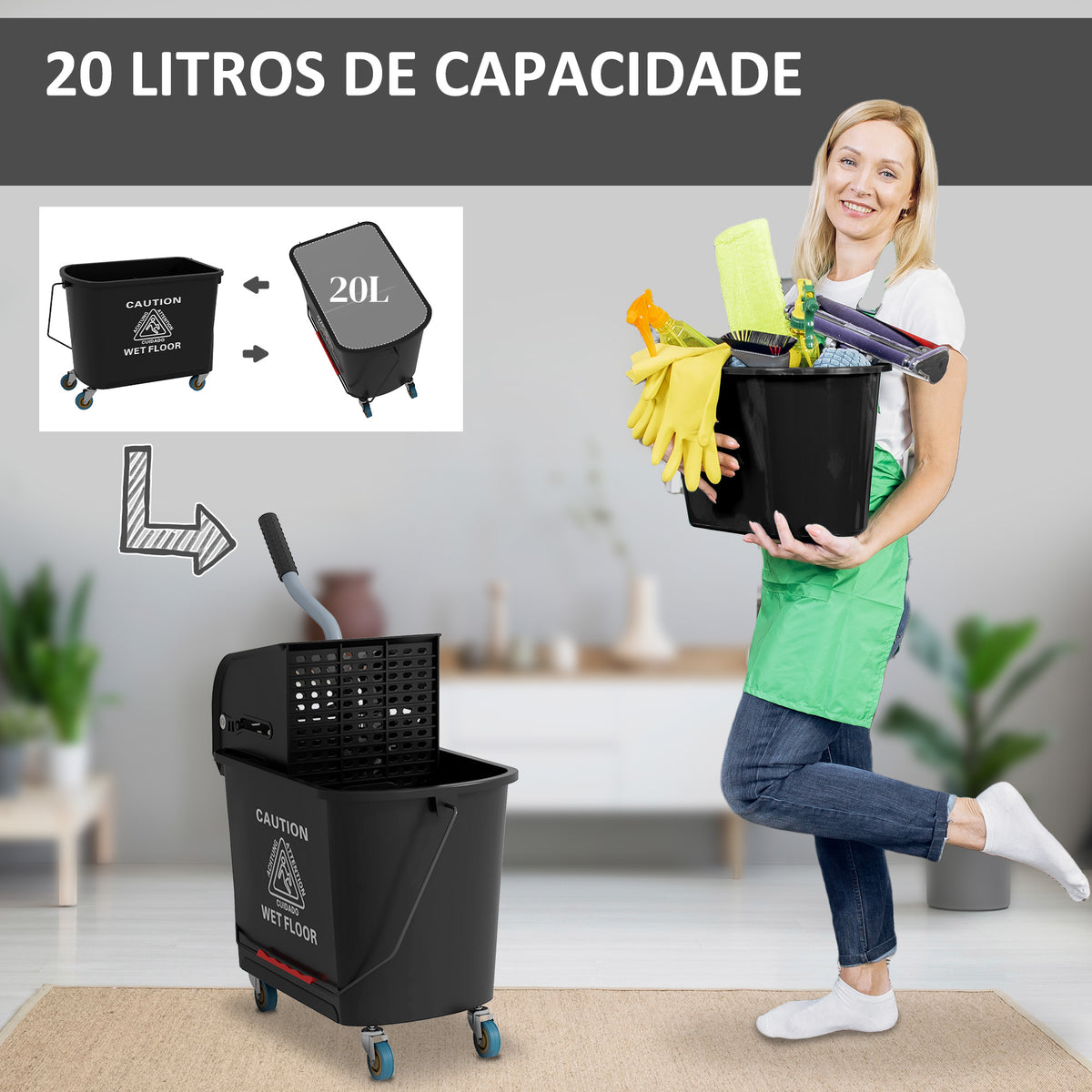Balde de Limpeza 20L com Rodas e Espremedor Balde para Esfregona com Separador de Água 60x27x70,5 cm Preto — foto 4