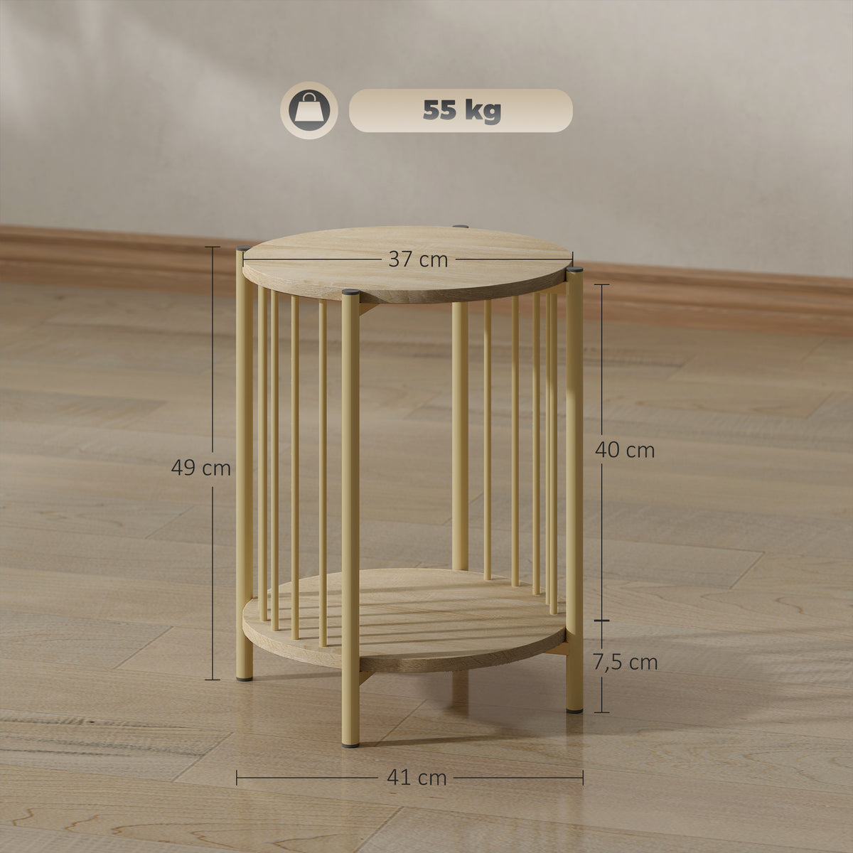 Mesa Lateral Redonda de 2 Níveis Mesa Auxiliar Moderna com Prateleira de Armazenamento e Estrutura de Aço para Sala e Quarto Ø41x49 cm Madeira — foto 3