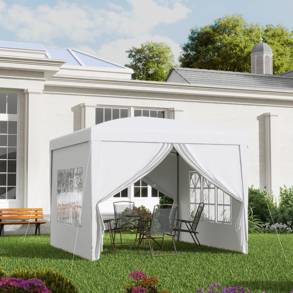 Tenda de Jardim com Paredes Laterais Amovíveis Janelas Porta com Zíper e Bolsa de Transporte 295x295x195-258 cm Branco — foto 2