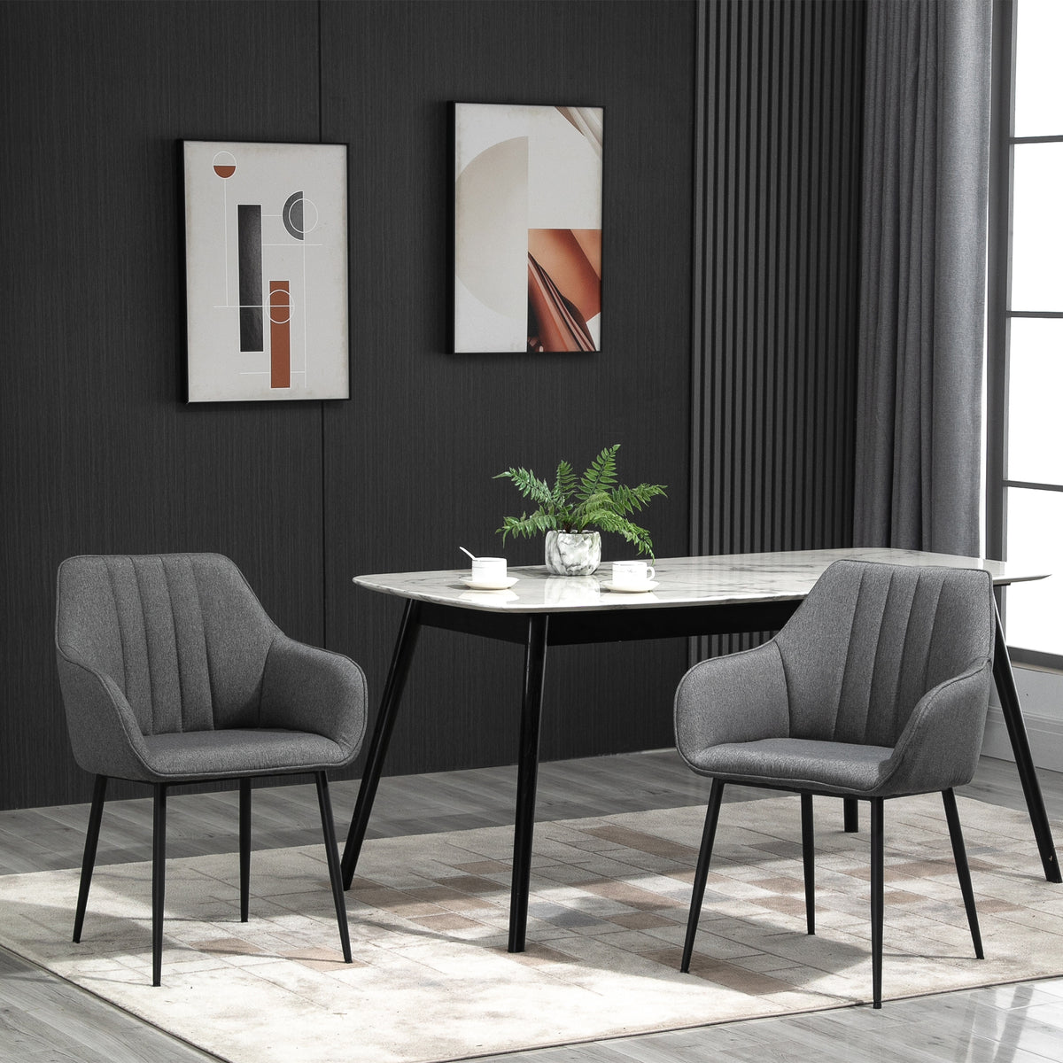 Conjunto de 2 Cadeiras de Sala de Jantar Estofadas em Linho Cadeiras de Cozinha com Encosto Apoio para os Braços e Pés de Metal 59,5x56,5x81 cm Cinza — foto 7
