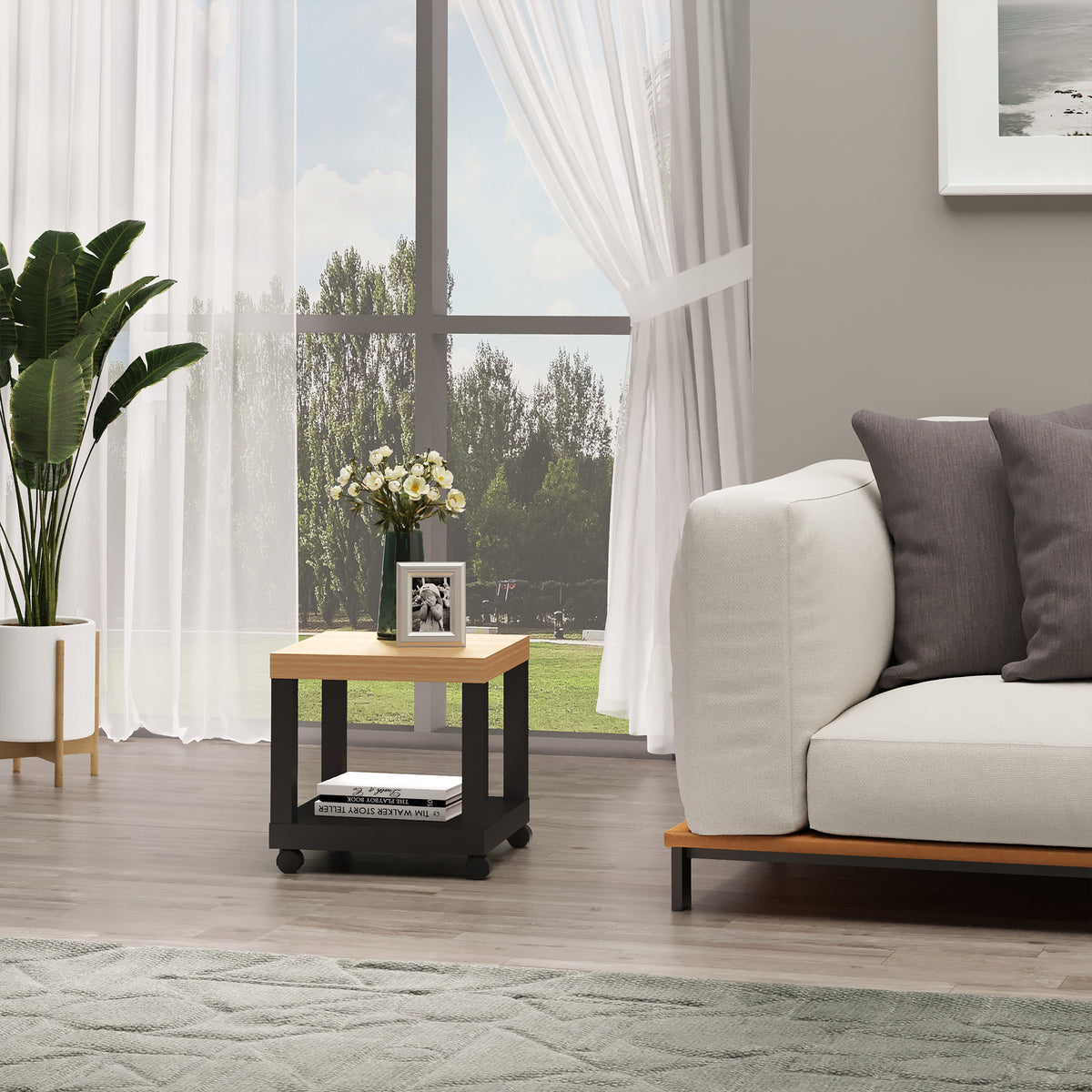 Mesa Auxiliar com Rodas Mesa Auxiliar com Prateleira Aberta para Sofá Dormitório 40x40x40 cm Branco e Madeira Preto e Madeira — foto 2