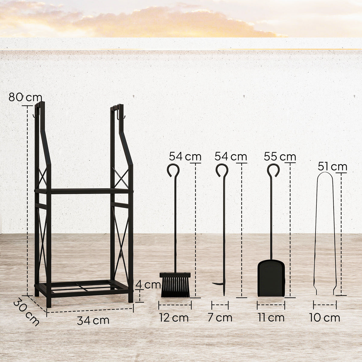 Suporte Metálico para Lenha 2 Níveis com 4 Ferramentas Ganchos e Base Elevada para Interior e Exterior 34x30x80 cm Preto — foto 3
