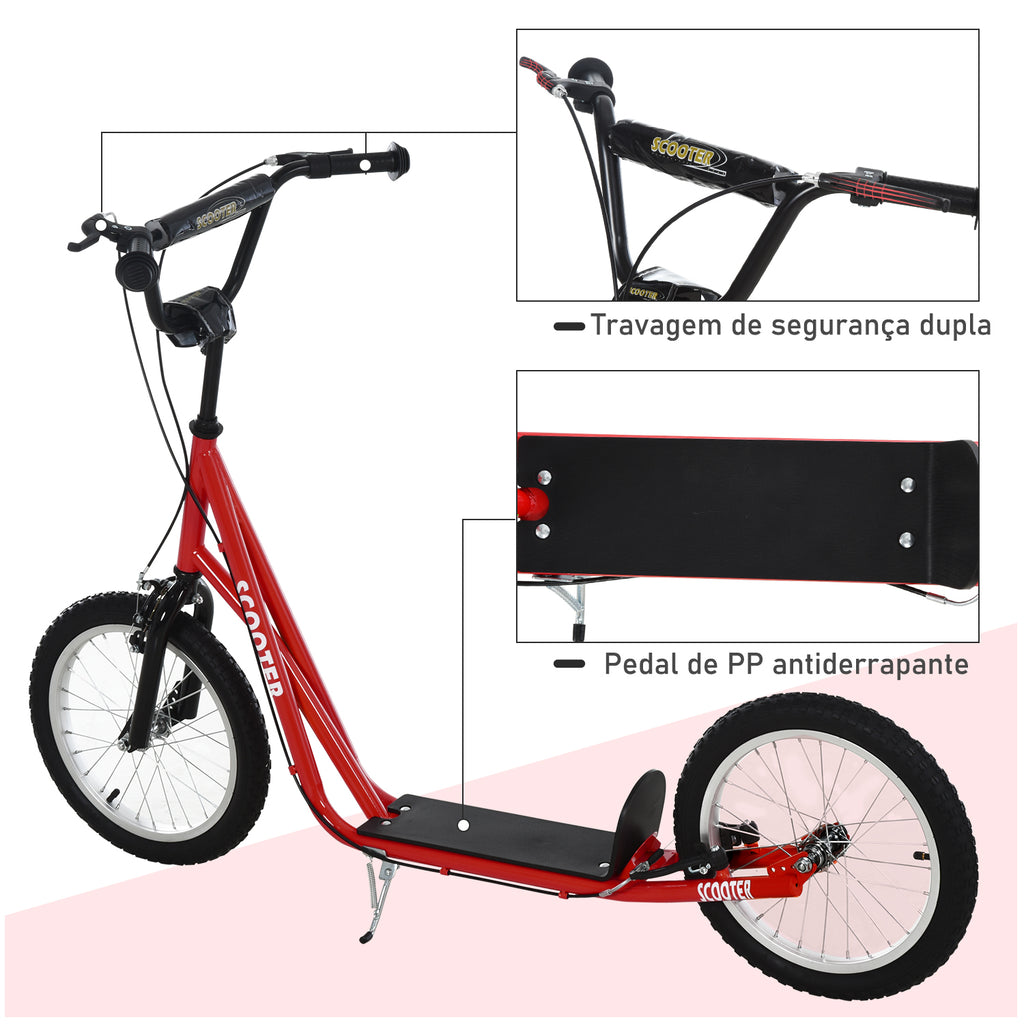 Trotinete para Crianças acima de 5 Anos e Adolescentes com Guiador Ajustável em Altura 2 Pneus de Borracha Insufláveis com Travagem Dupla e Rodas 16" Carga 100 kg 139x58x90-96 cm Vermelho — foto 7