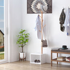Cabide de Pé com Sapateira Cabide Tipo Árvore Moderno 6 Ganchos para Pendurar Roupa Malas Banco com Arrumação Corredor de Entrada Bambu 40x30x180cm — foto 2