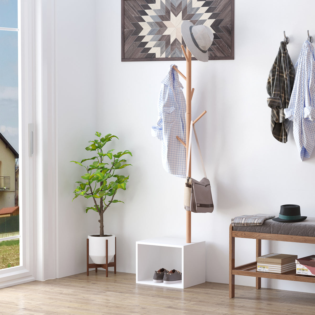 Cabide de Pé com Sapateira Cabide Tipo Árvore Moderno 6 Ganchos para Pendurar Roupa Malas Banco com Arrumação Corredor de Entrada Bambu 40x30x180cm — foto 2