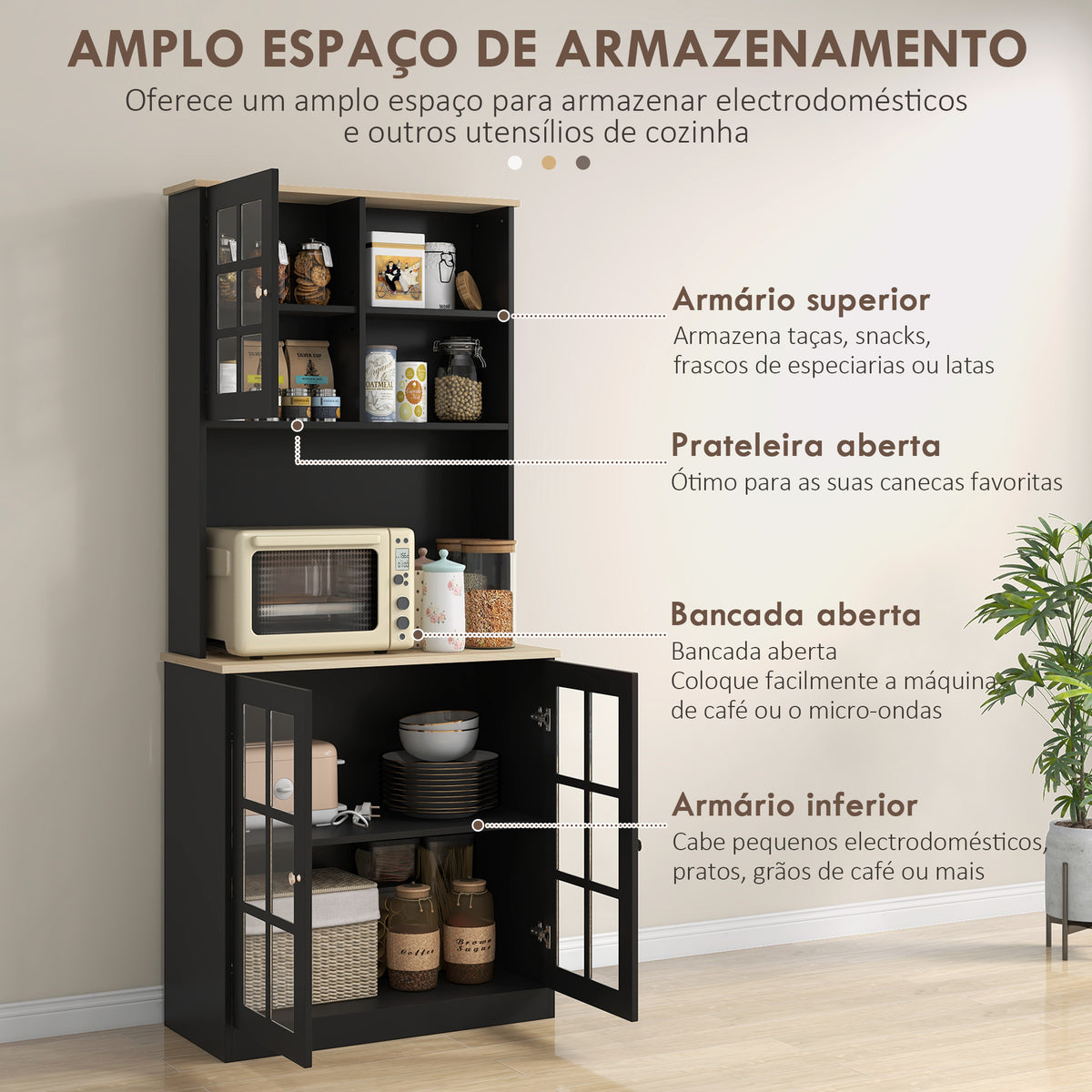Armário de Cozinha com Prateleiras e Portas de Vidro Armário Alto de Cozinha para Pequenos Eletrodomésticos e Louças 80x37x183 cm Preto — foto 4