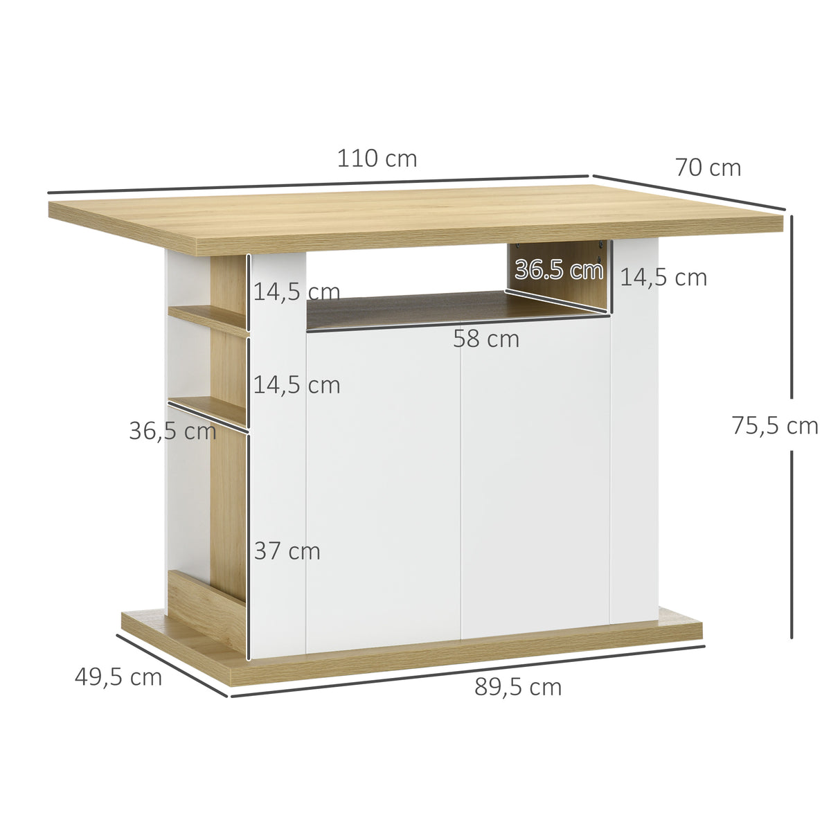 Ilha de Cozinha para 4-6 Pessoas Móvel de Cozinha com 4 Portas Compartimentos Abertos Prateleira Ajustável 110x70x75,5 cm Carvalho e Branco — foto 3