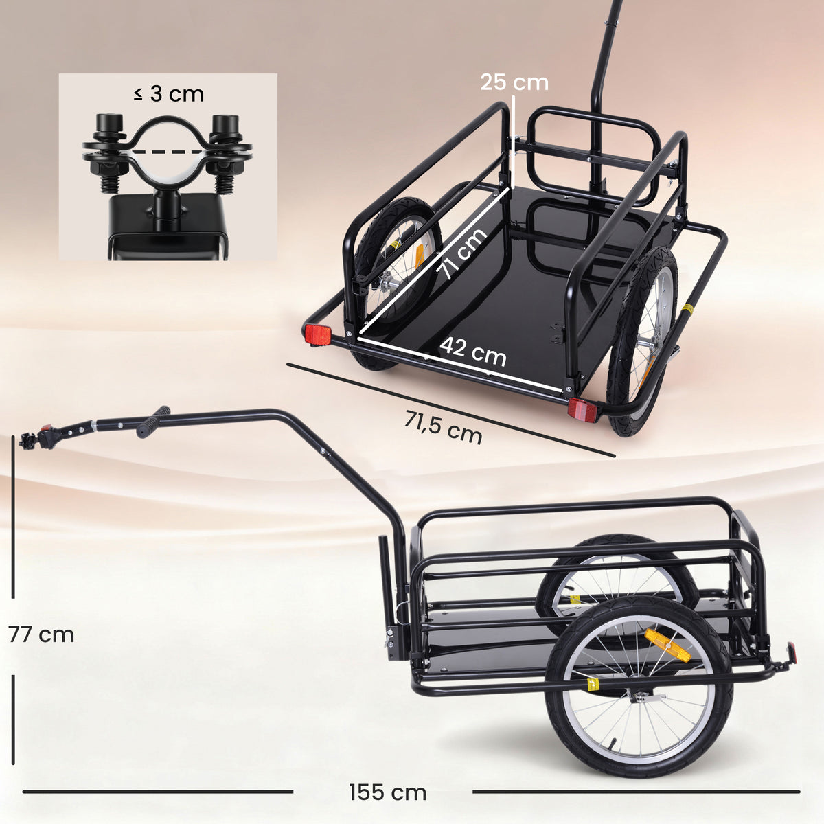 Reboque de Carga para Bicicleta Carrinho Dobrável para Bicicleta com 2 Rodas Refletores Seguros Carga 40 kg 155x71,5x77 cm Preto — foto 3