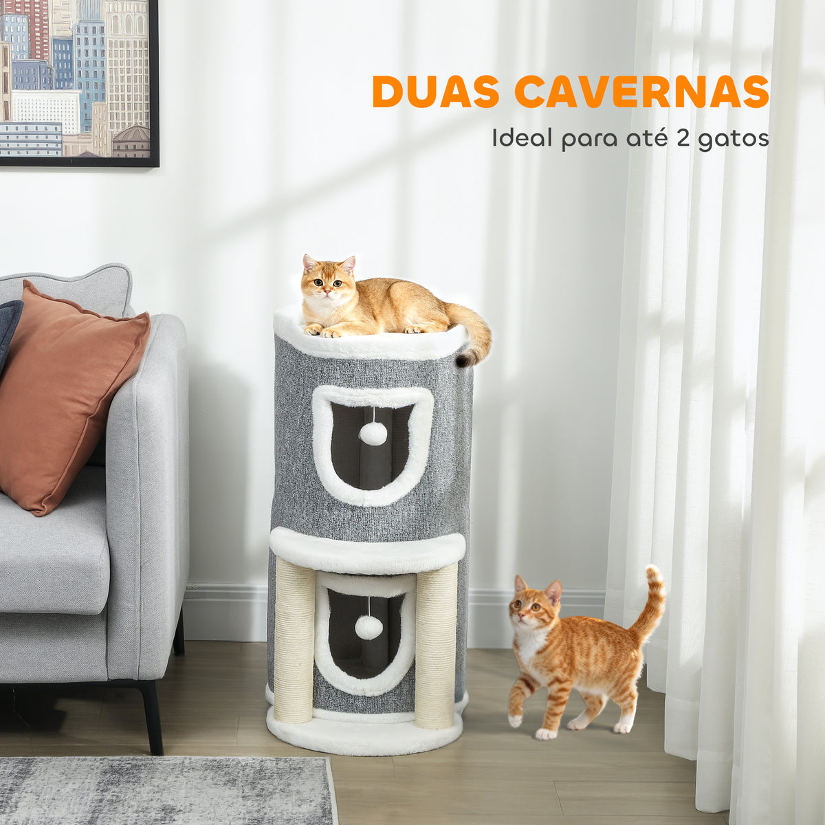Arranhador para Gatos com Cama 2 Cavernas Postes de Sisal Tapete de Arranhar e Bolas para Brincar 50x36x76 cm Cinzento — foto 5