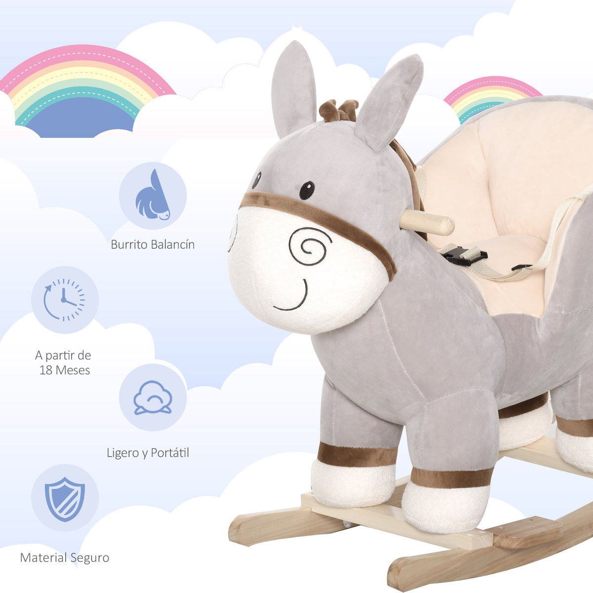 Baloiço Infantil em Forma de Burro de Pelúcia para Bebés 18-36 Meses com Som Cinto de Segurança Guidão Apoio para os Pés 61x34x58 cm Cinza — foto 5