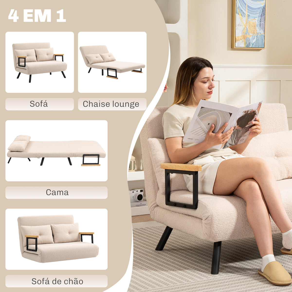 Sofá Cama Sofá Convertível em Cama de 2 Lugares Dobrável com Encosto Ajustável em 5 Níveis e 2 Almofadas Acolchoadas para Escritório Dormitório Sala de Estar 102x73x81 cm Bege - Modelo 1 — foto 4